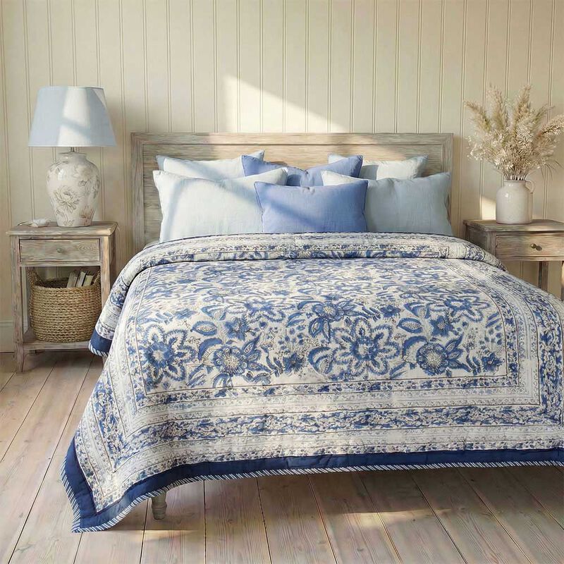 Powell Craft Queen Quilt Royal Blue & White Floral 265x220cm image number 3